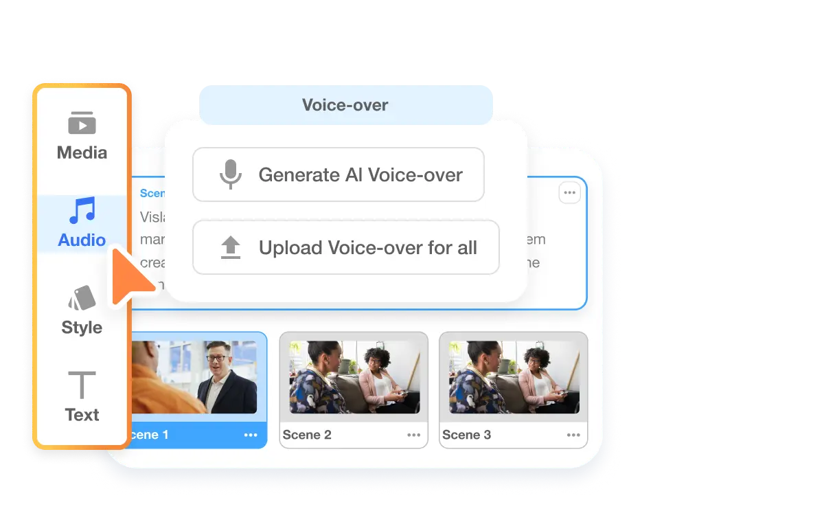 Visla Webpage to Video feature choosing best background music and AI-generated voiceovers with options to change sound and language.