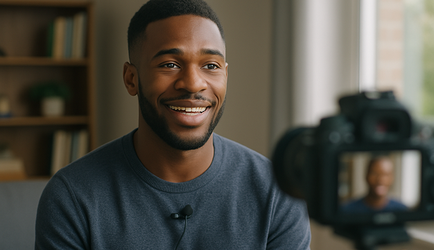 Alumnus sharing their career journey using AI video creation tool for campuses to inspire current and prospective students