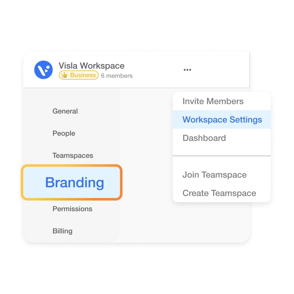 Workspace settings menu with branding highlighted in Visla