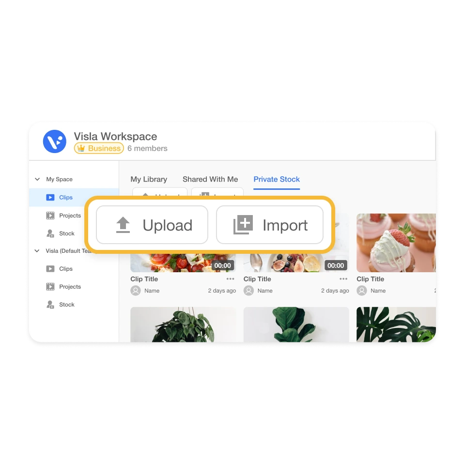 Visla Workspace showing Upload and Import options for organizing video footage.
