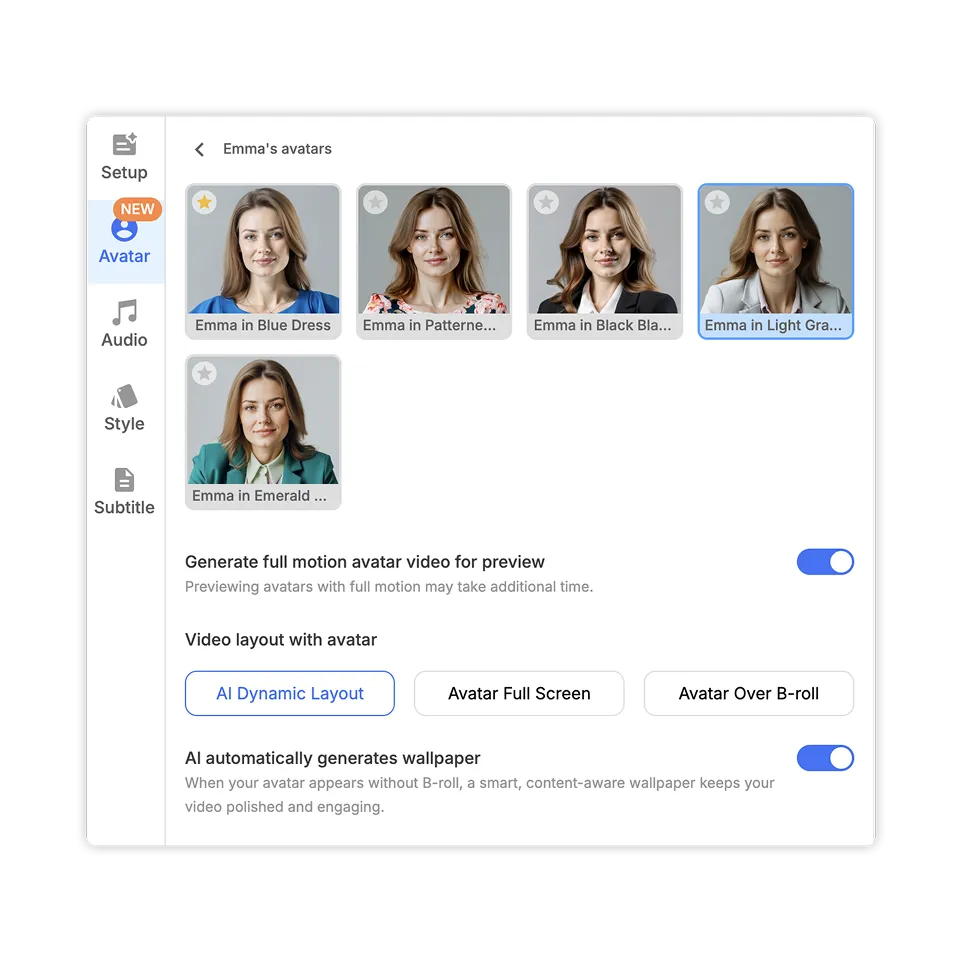 Star AI Avatar in Visla — set a default AI Avatar in Project Settings for consistent, on‑brand videos