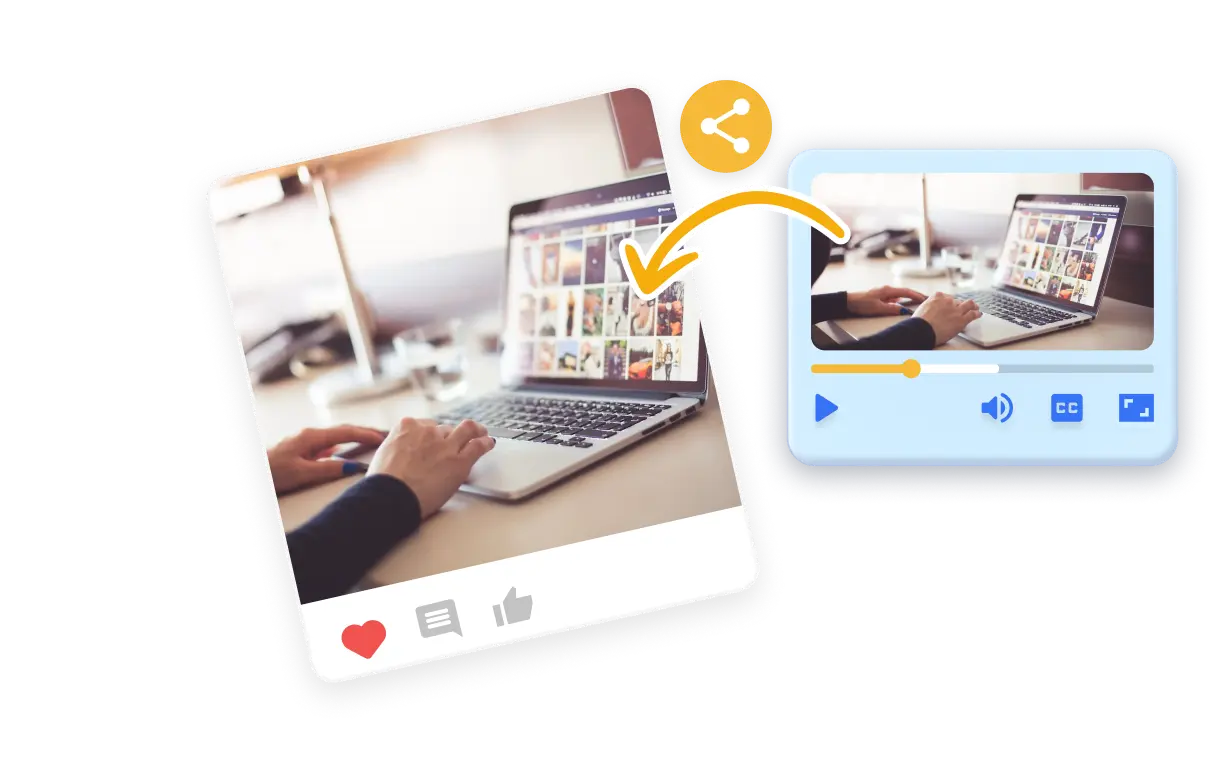 An illustration showing how Visla's Workspaces and Teamspaces make it easy to share your final video montage. It highlights customizable permission levels for users, ensuring controlled access to the video project, with sharing options via links or email.