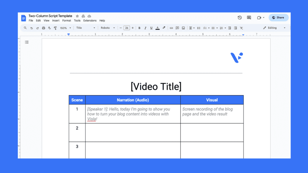 A screenshot of Visla's two column video script templates with a column for narration and another for visuals