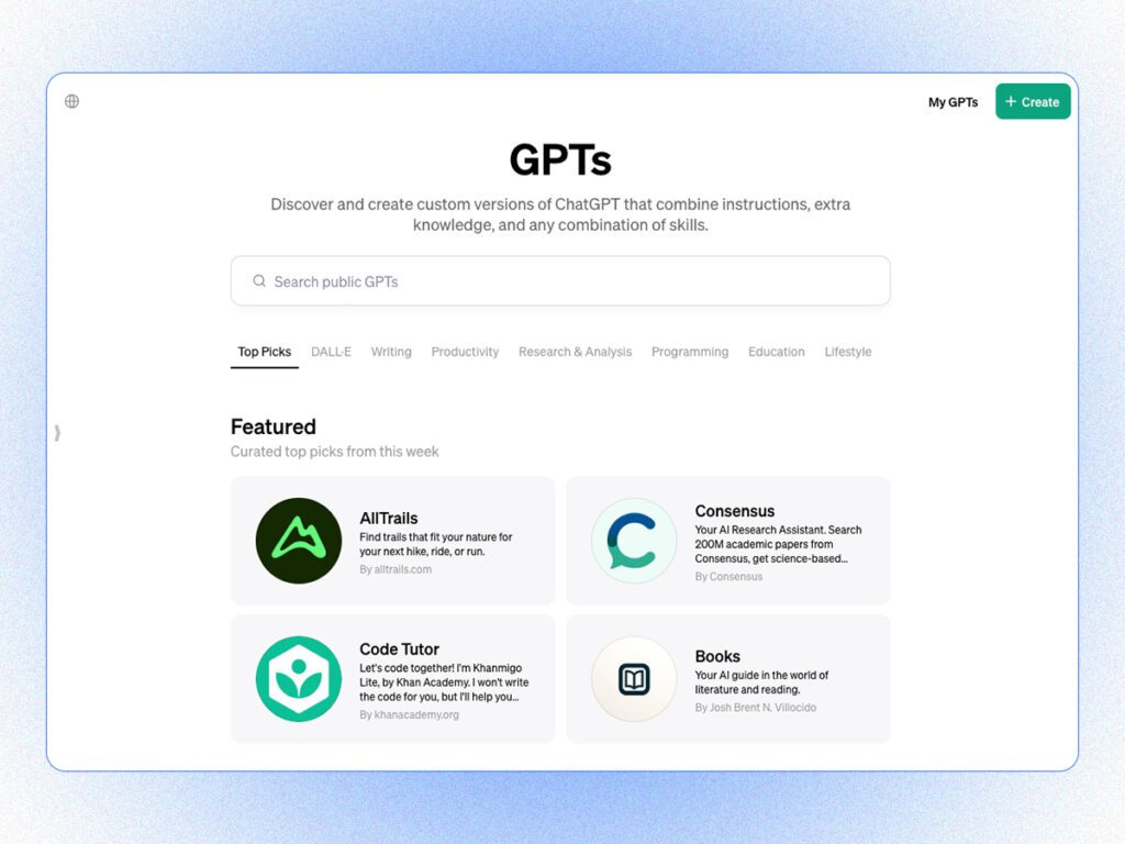 A screenshot of the OpenAI GPT Store, where you can find GPTs for business.