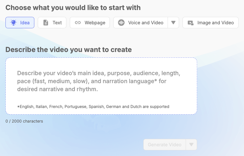 The main interface to create videos in Visla. A key first step in the production process. 