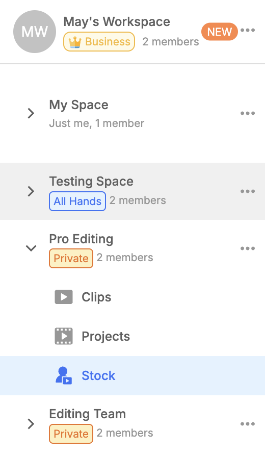 The left sidebar of the Visla platform, displaying the different Teamspaces you can work in and the options within. 