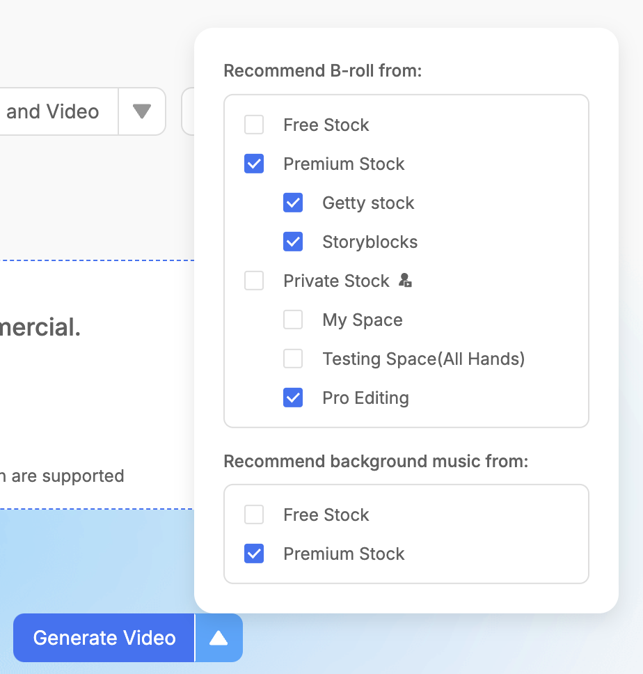 The menu in Visla that allows users to select which libraries their footage and background music are drawn from. 