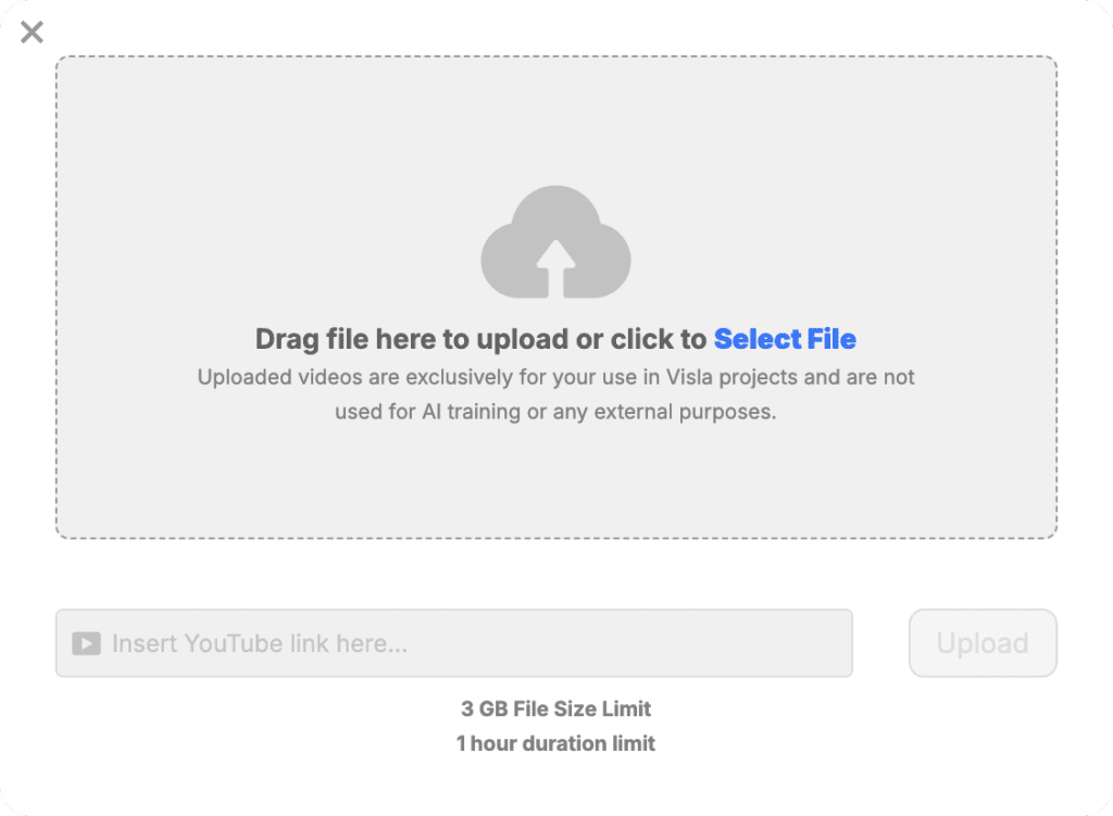 The window where users can drag and drop or select their footage to upload into VIsla. There's also a text box where a YouTube link can be entered to import that footage. 