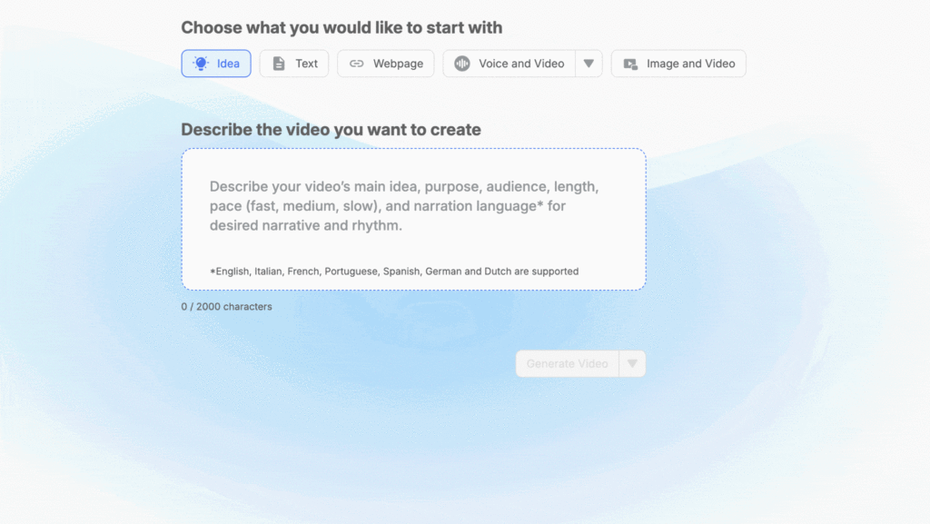 The Idea to Video and Text to Video interfaces in Visla. 